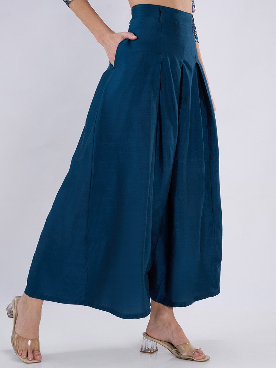 Teal Flared Maxi Skirt with Pleats