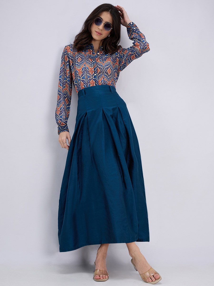 Teal Flared Maxi Skirt with Pleats
