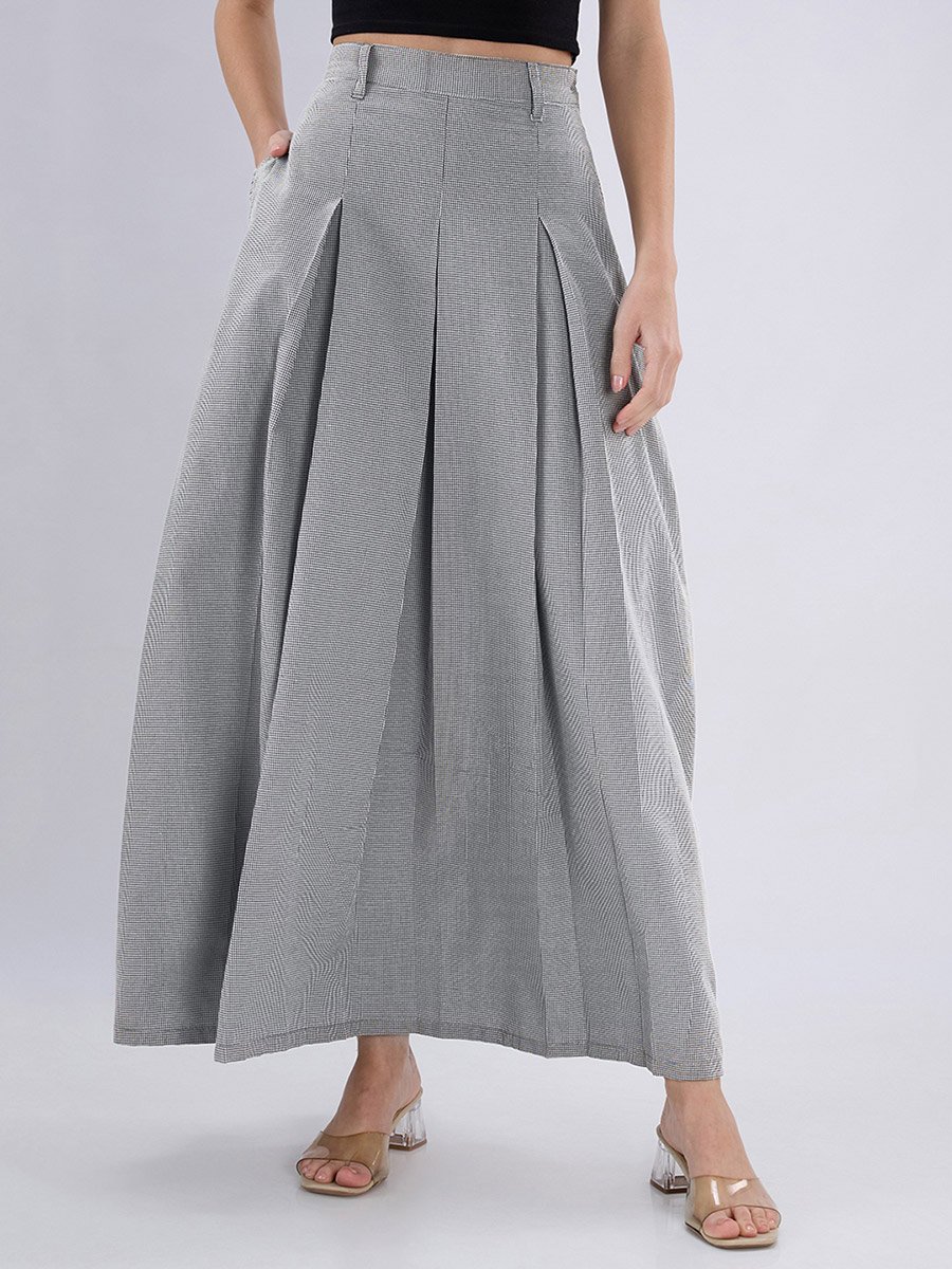 Black Micro-Check Pleated Maxi Skirt with Belt Loops
