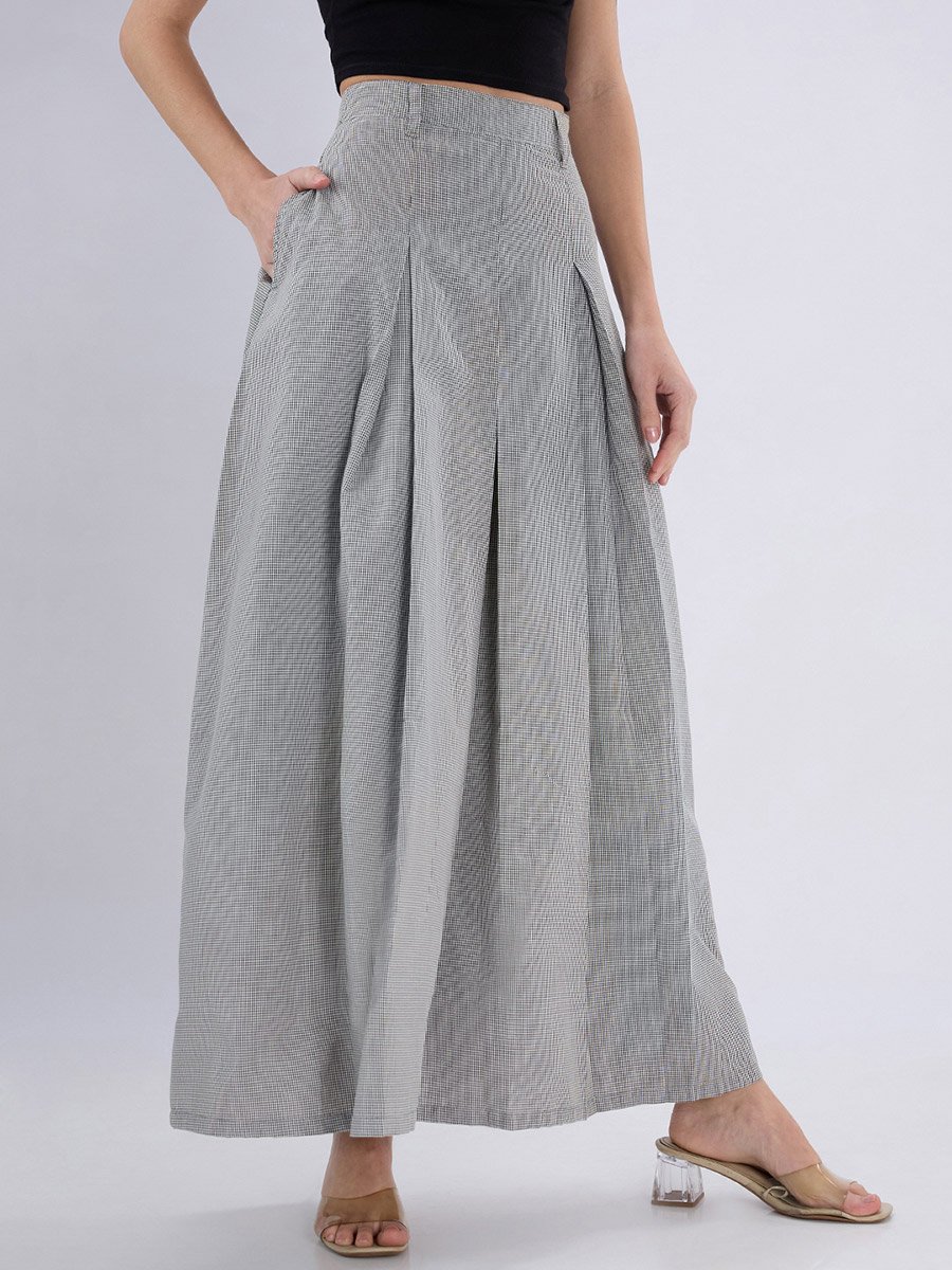 Black Micro-Check Pleated Maxi Skirt with Belt Loops