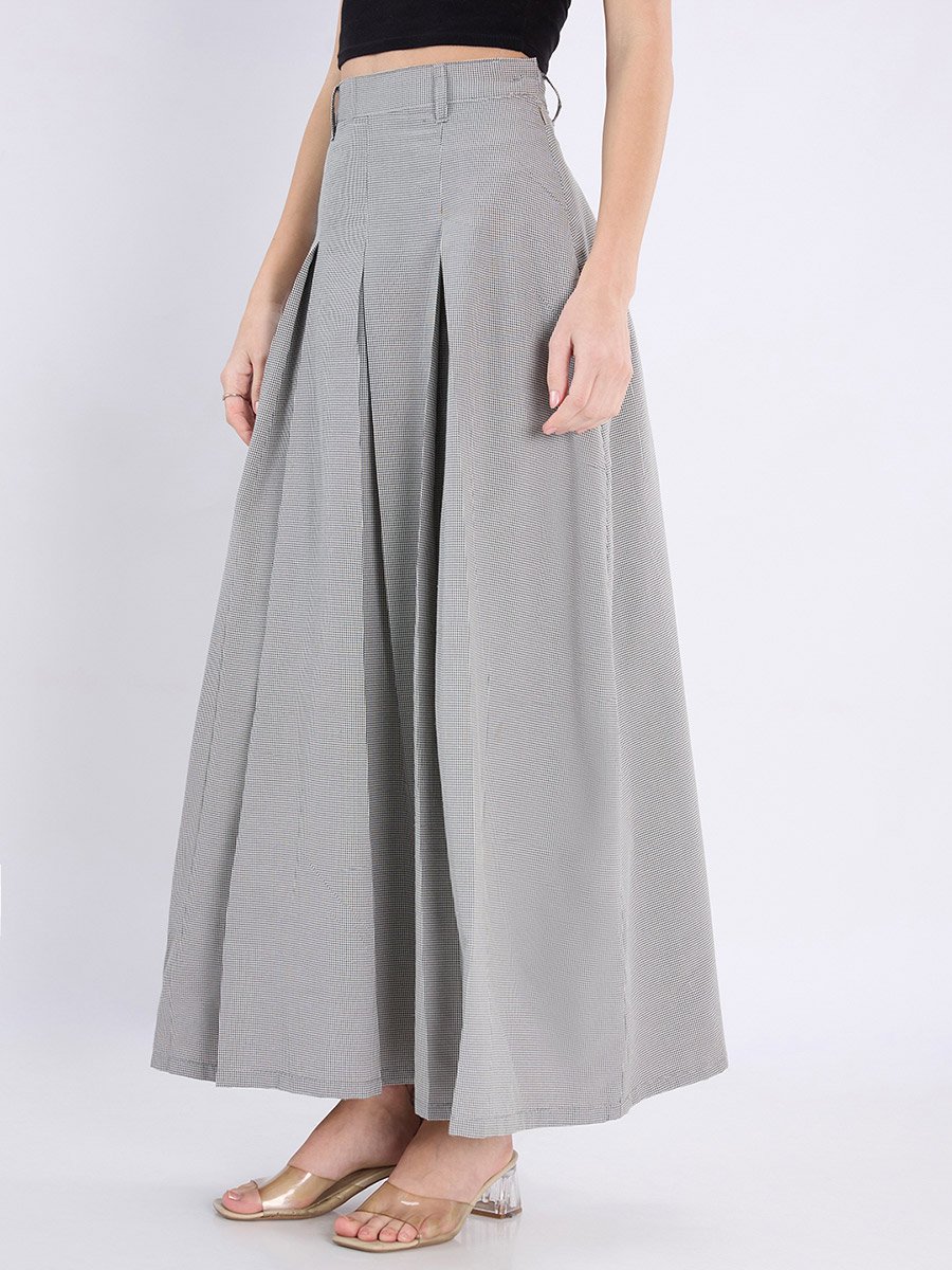 Black Micro-Check Pleated Maxi Skirt with Belt Loops