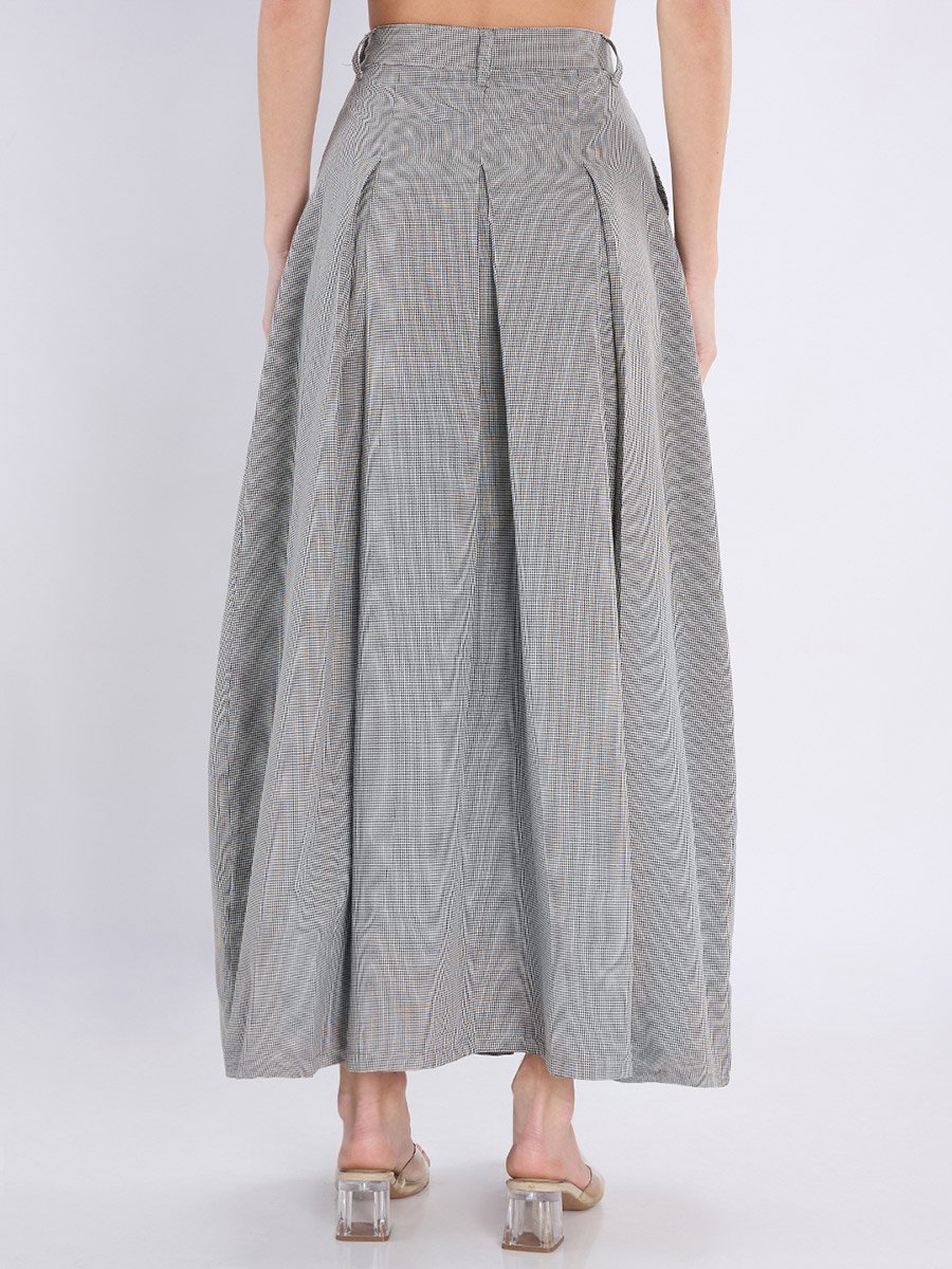 Black Micro-Check Pleated Maxi Skirt with Belt Loops