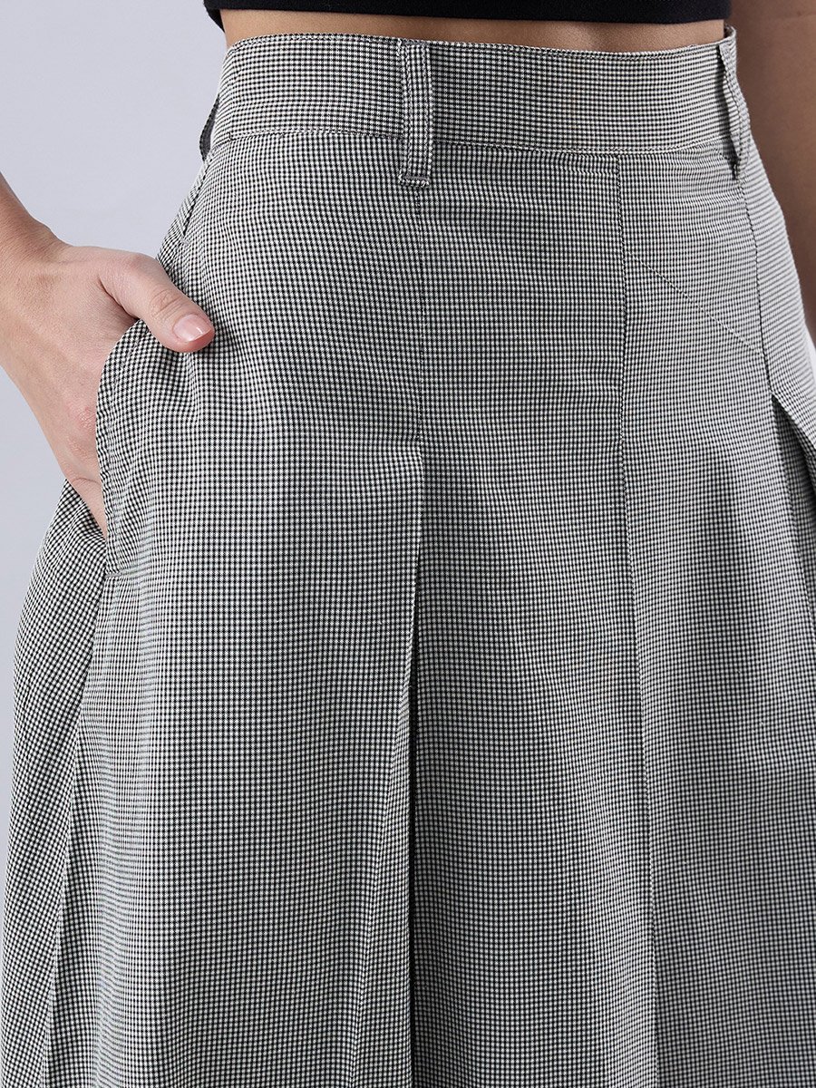 Black Micro-Check Pleated Maxi Skirt with Belt Loops