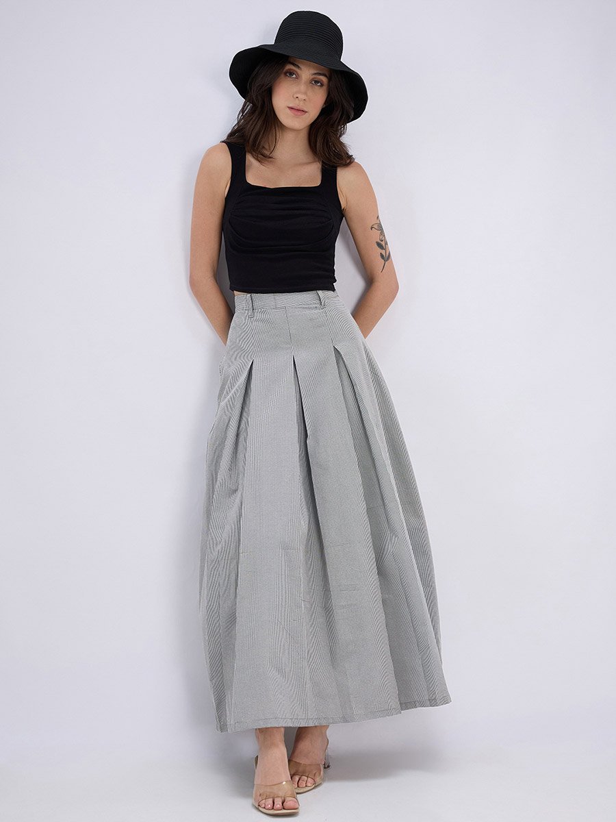 Black Micro-Check Pleated Maxi Skirt with Belt Loops