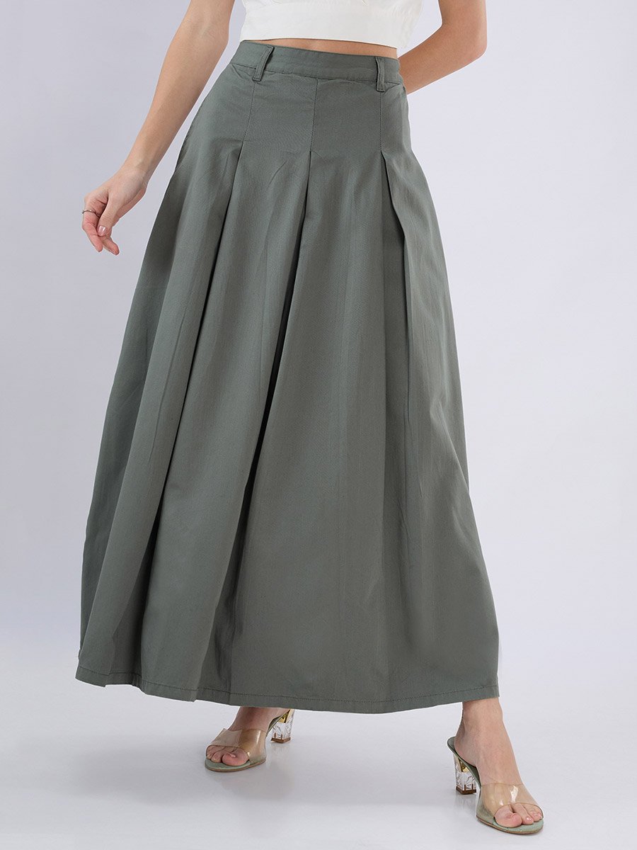 Olive Maxi Flared Skirt with Pleats