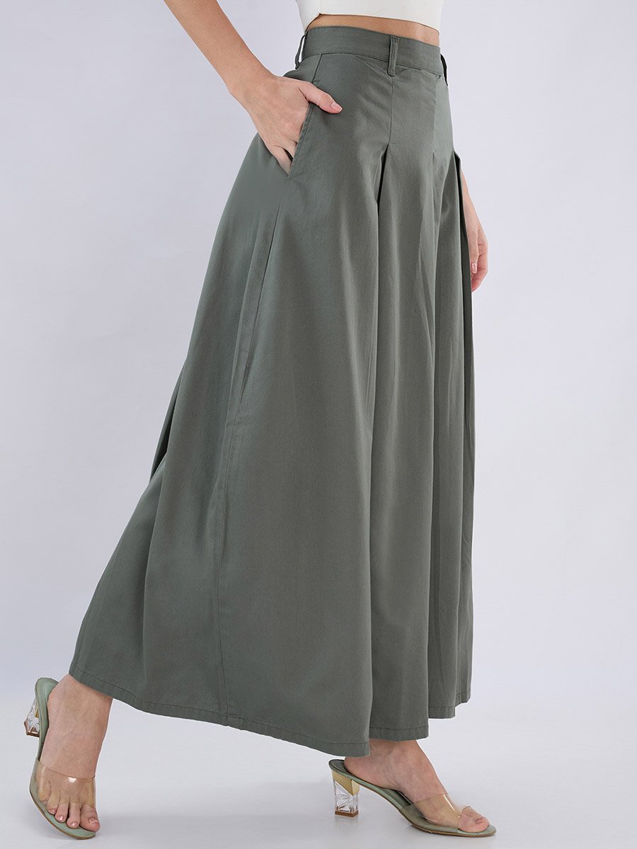 Olive Maxi Flared Skirt with Pleats