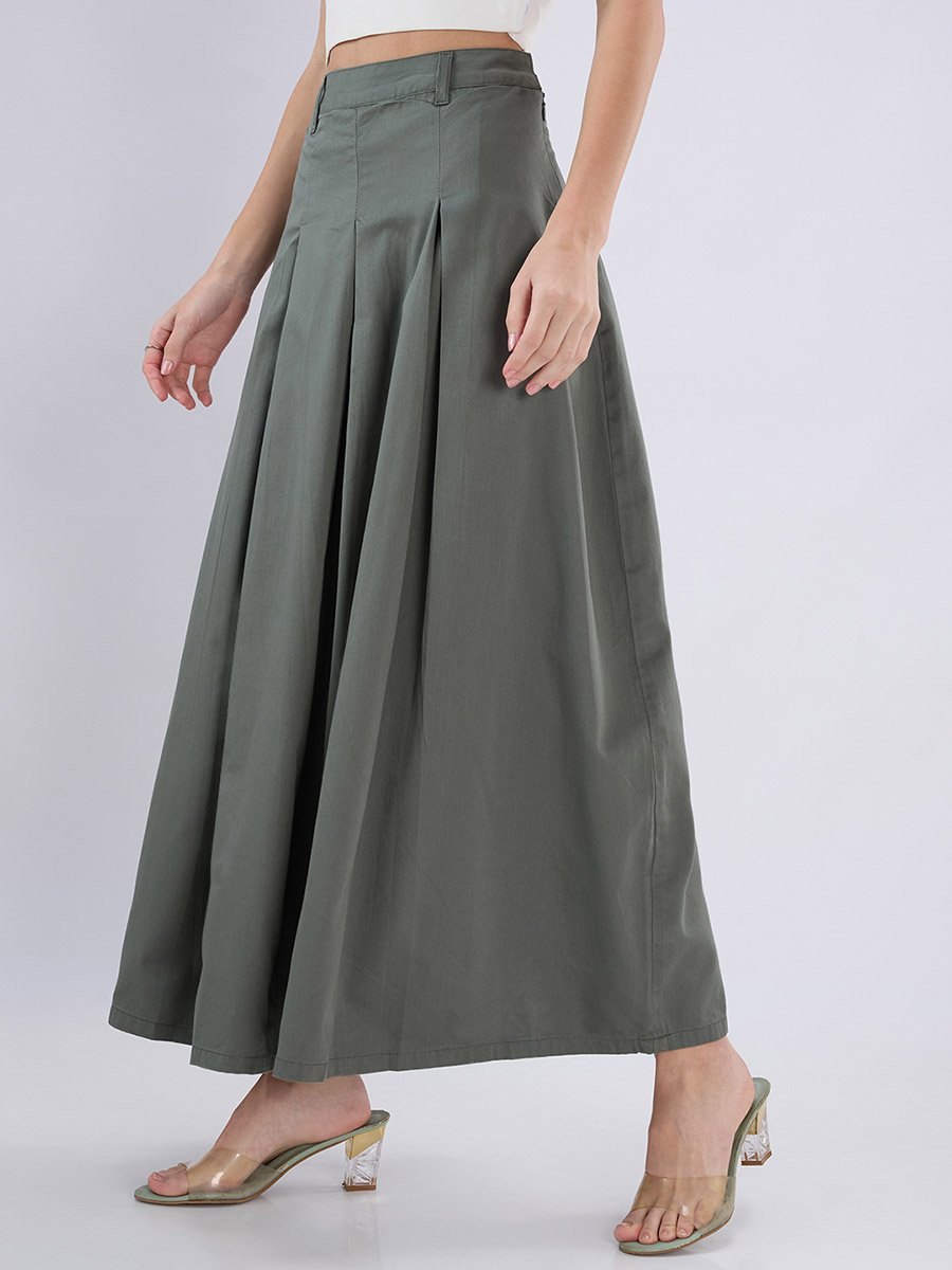 Olive Maxi Flared Skirt with Pleats