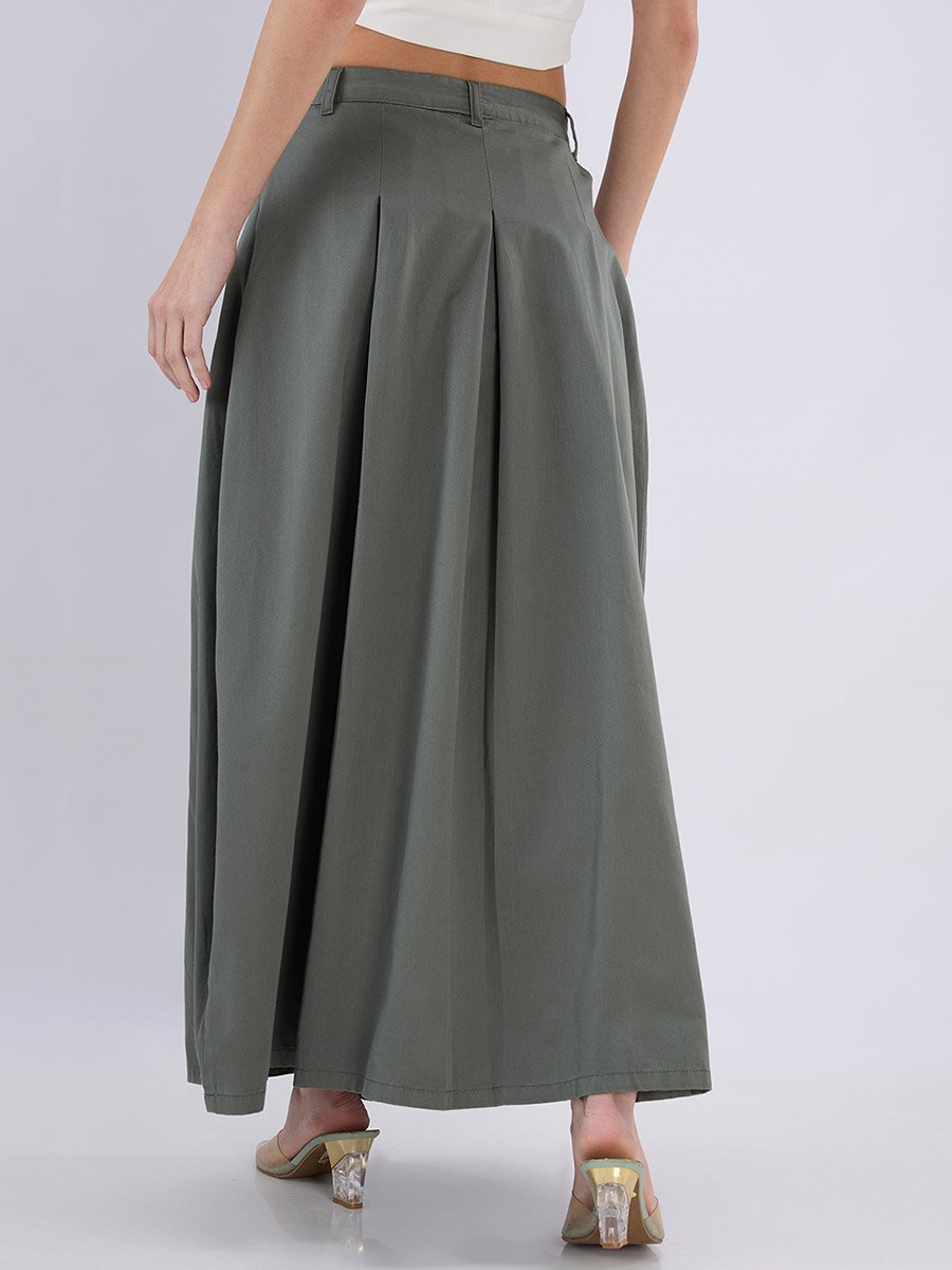 Olive Maxi Flared Skirt with Pleats