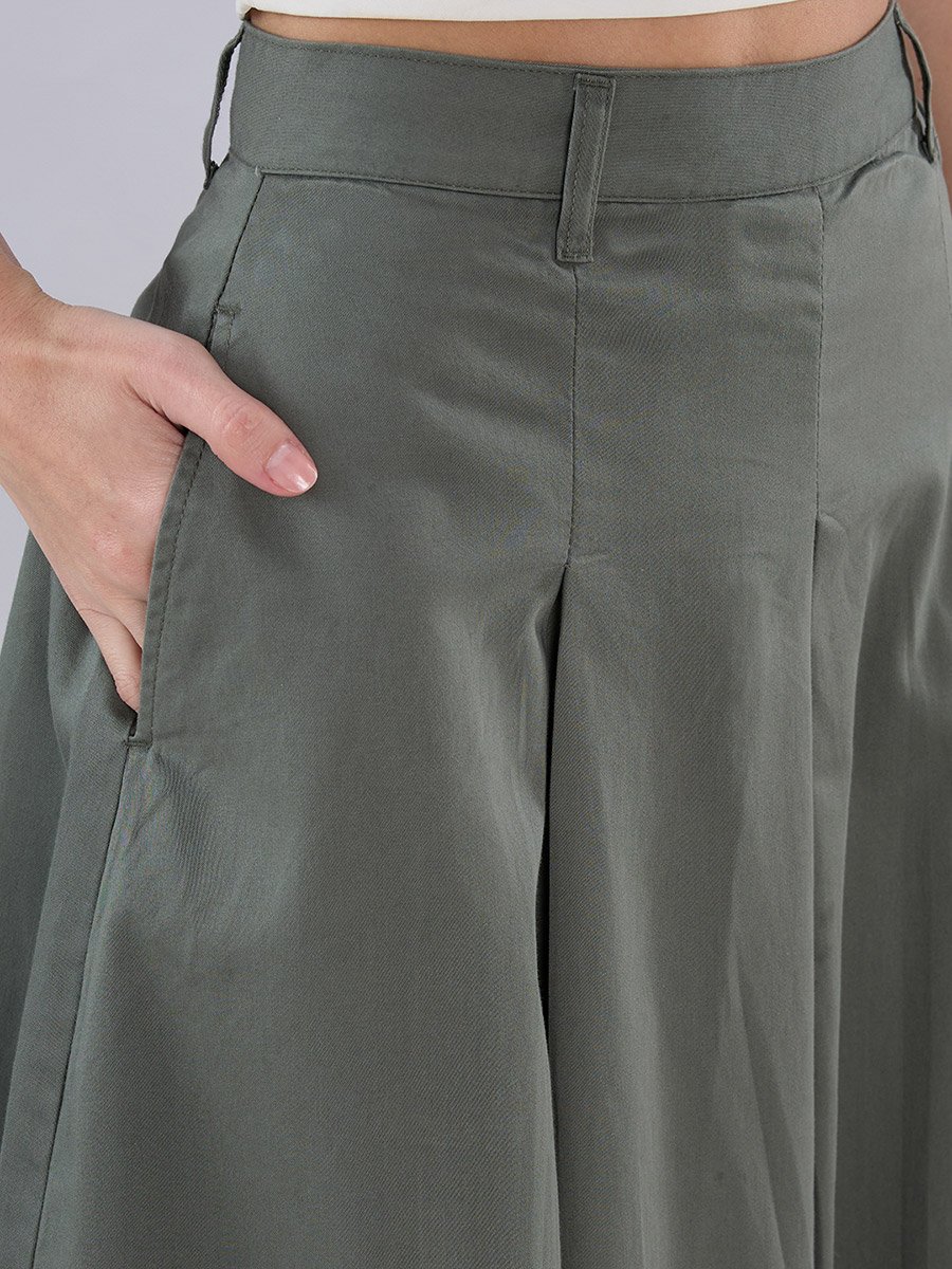 Olive Maxi Flared Skirt with Pleats