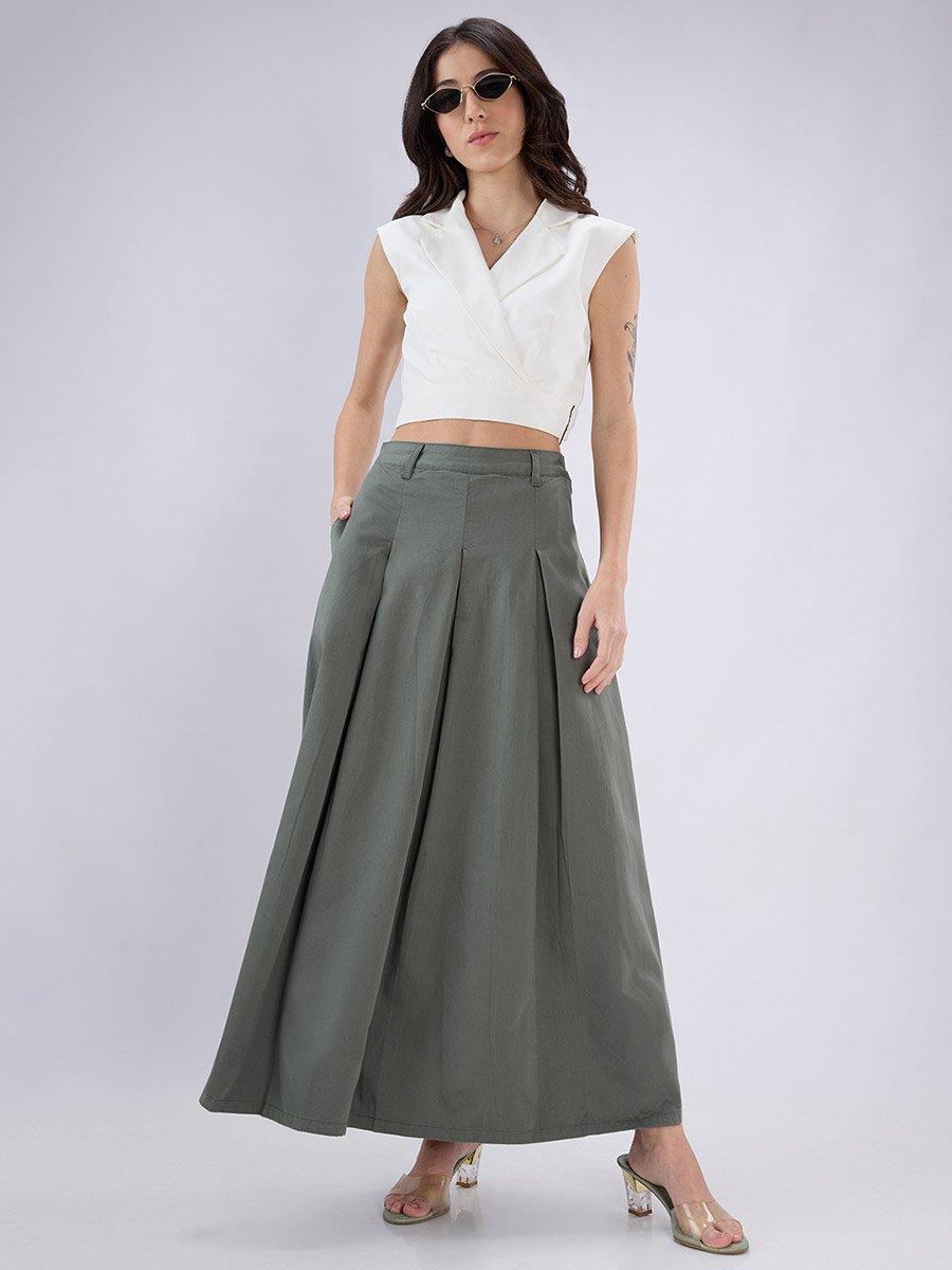 Olive Maxi Flared Skirt with Pleats