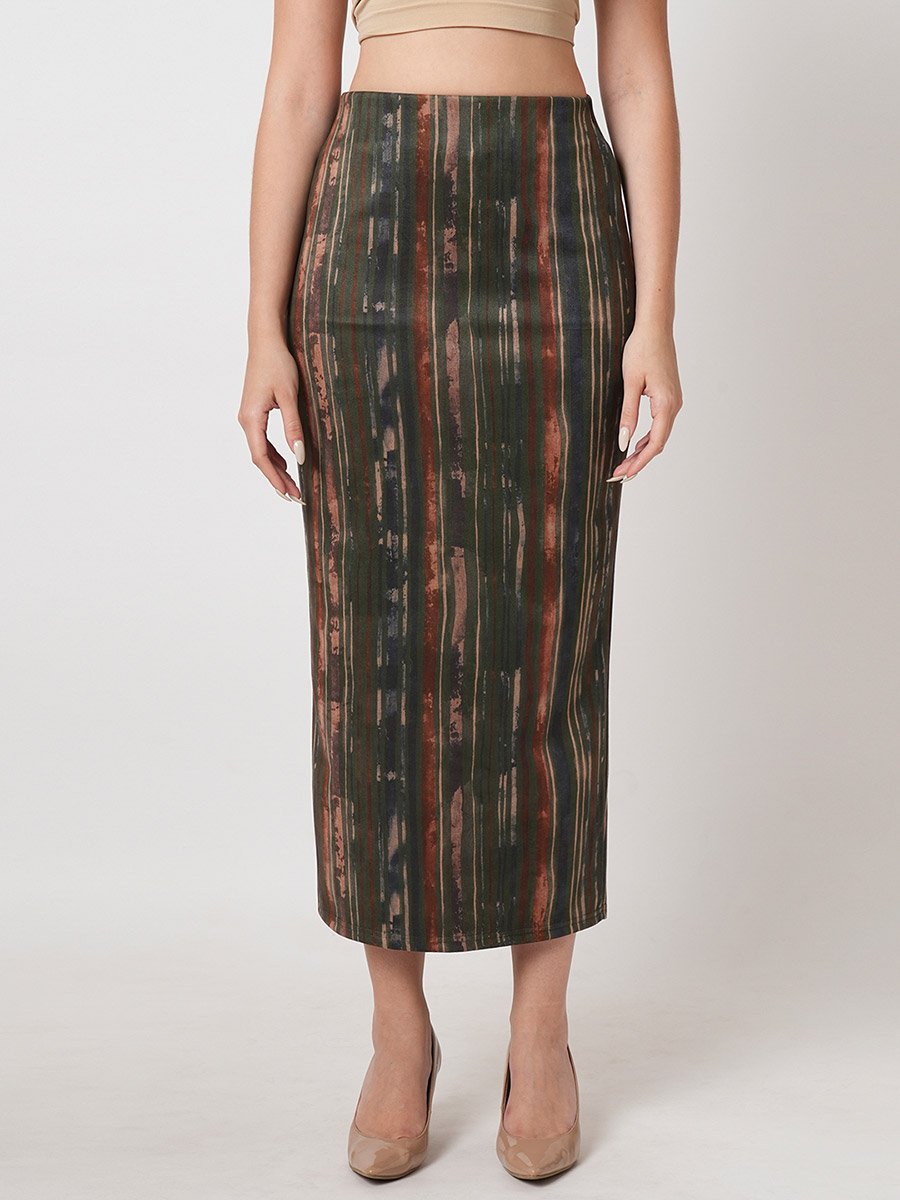 Olive Hazzy Print Stretch Midi Pencil Skirt