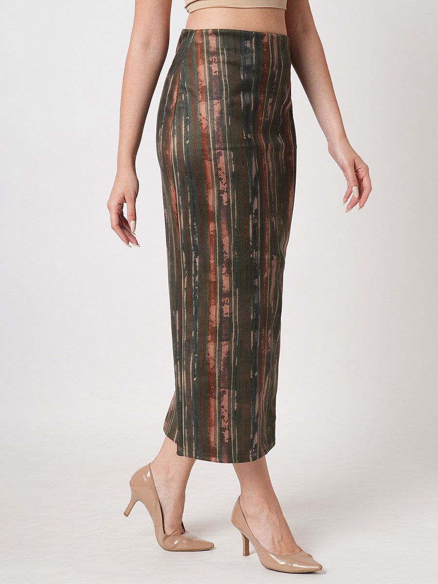 Olive Hazzy Print Stretch Midi Pencil Skirt