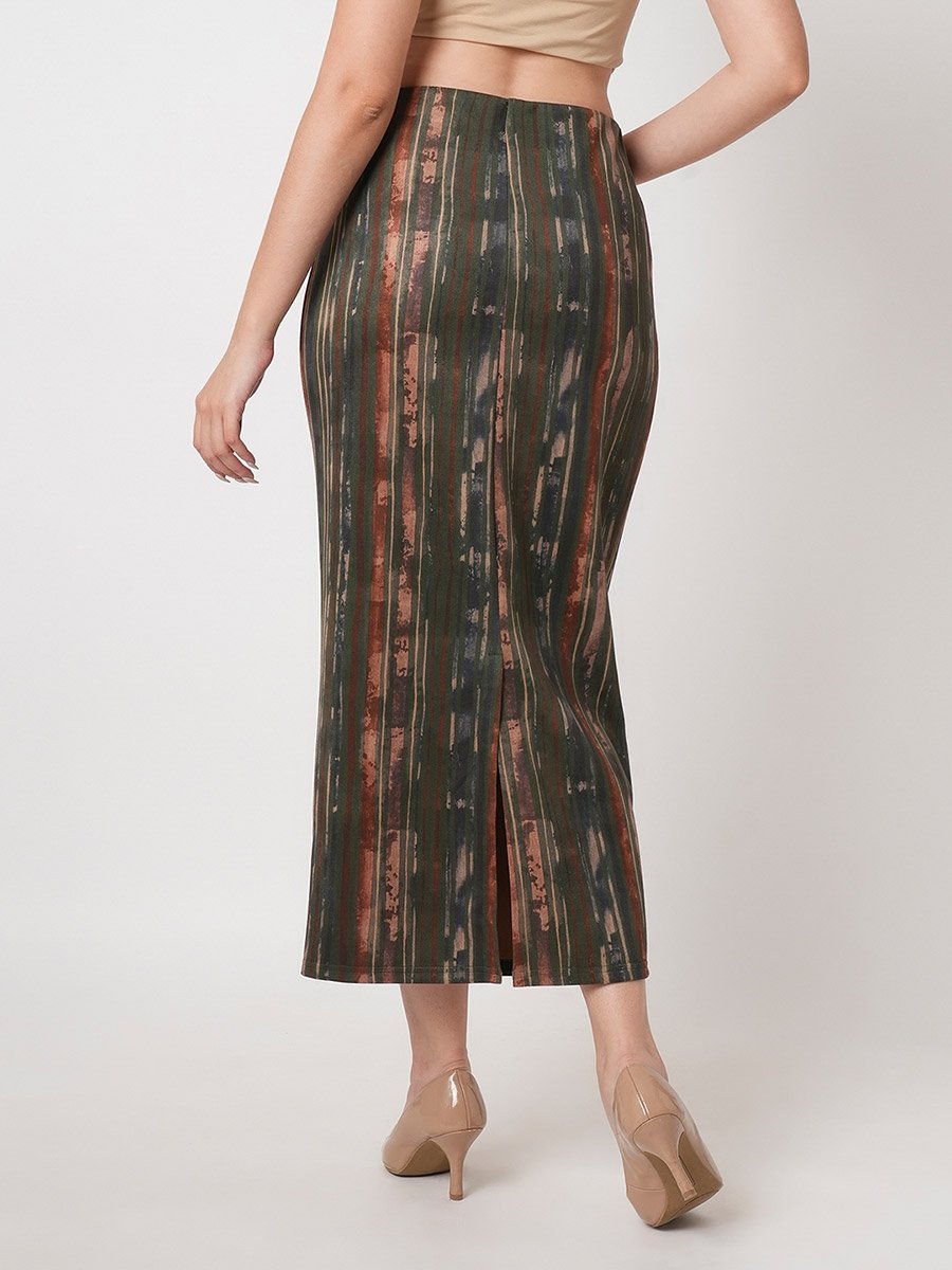 Olive Hazzy Print Stretch Midi Pencil Skirt