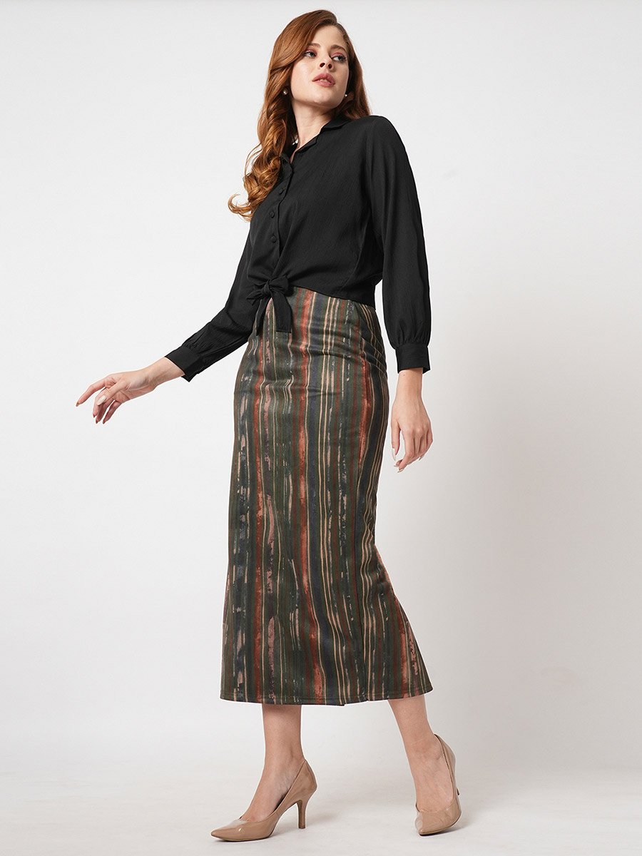 Olive Hazzy Print Stretch Midi Pencil Skirt