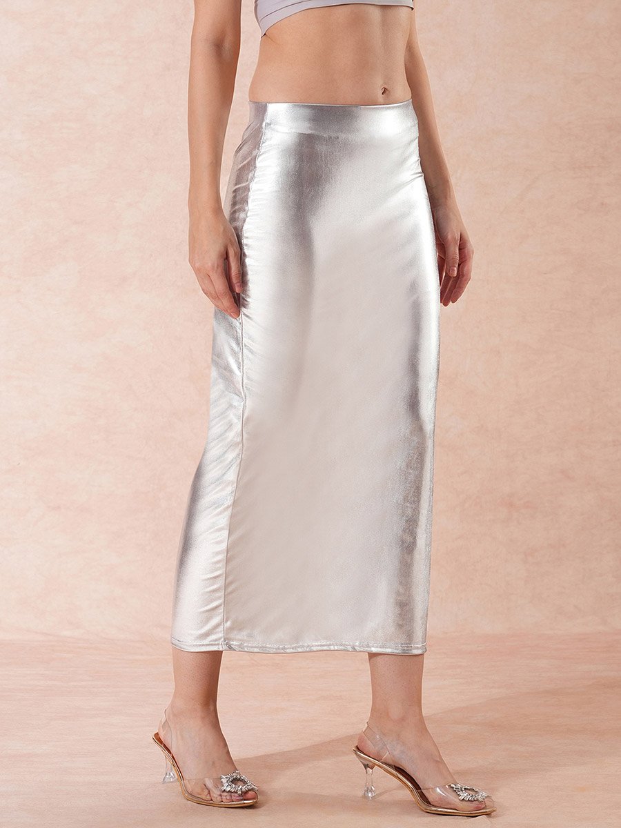 Silver Pencil Midi Skirt