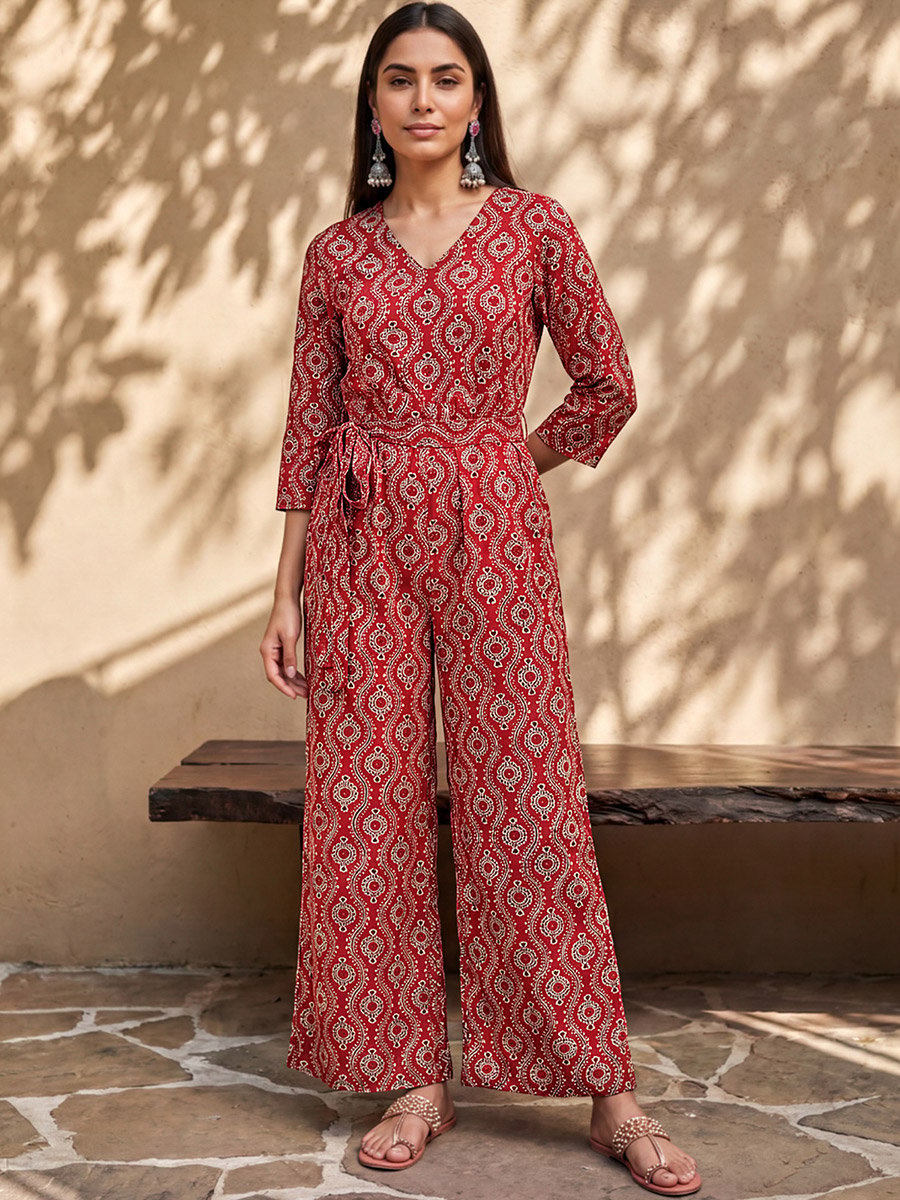Maroon AOP Wide-Leg Jumpsuit with Belt