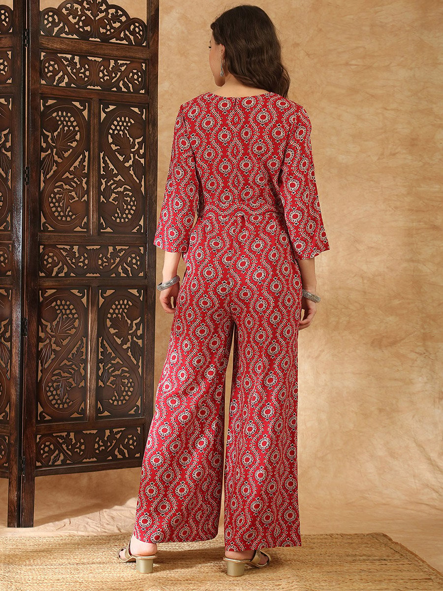 Maroon AOP Wide-Leg Jumpsuit with Belt