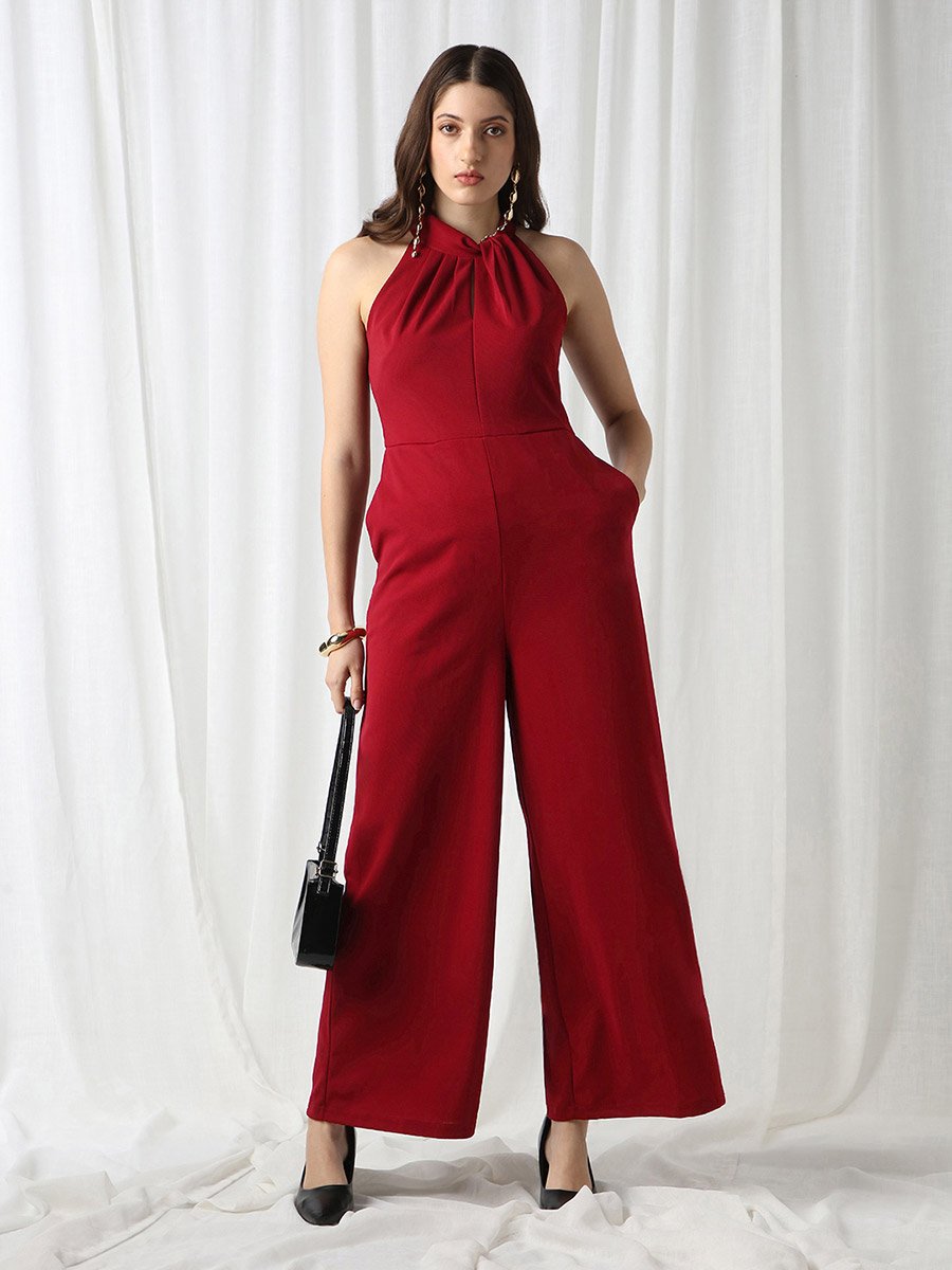 Maroon Plain Halter Neck Wide Leg Jumpsuit