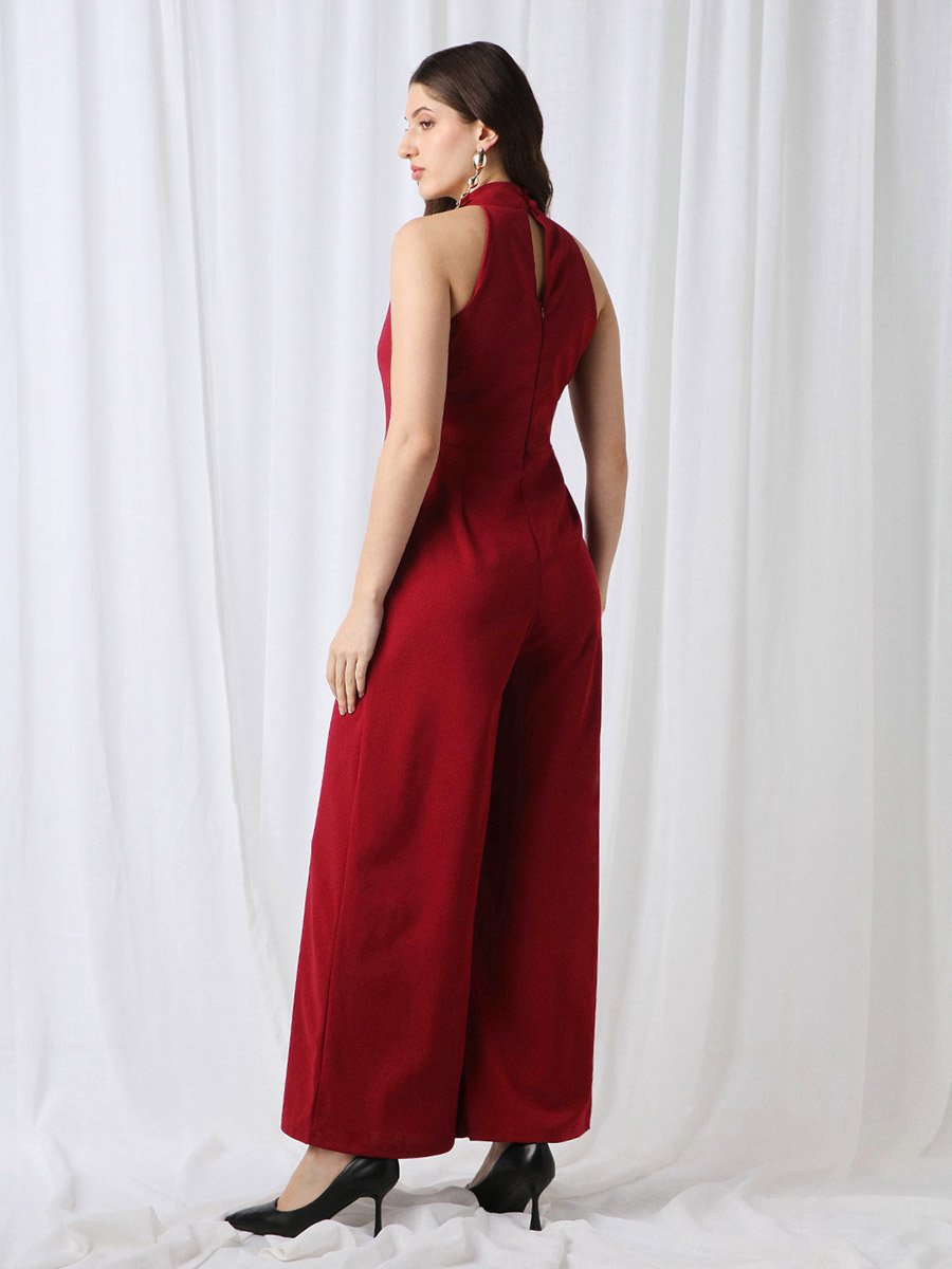 Maroon Plain Halter Neck Wide Leg Jumpsuit