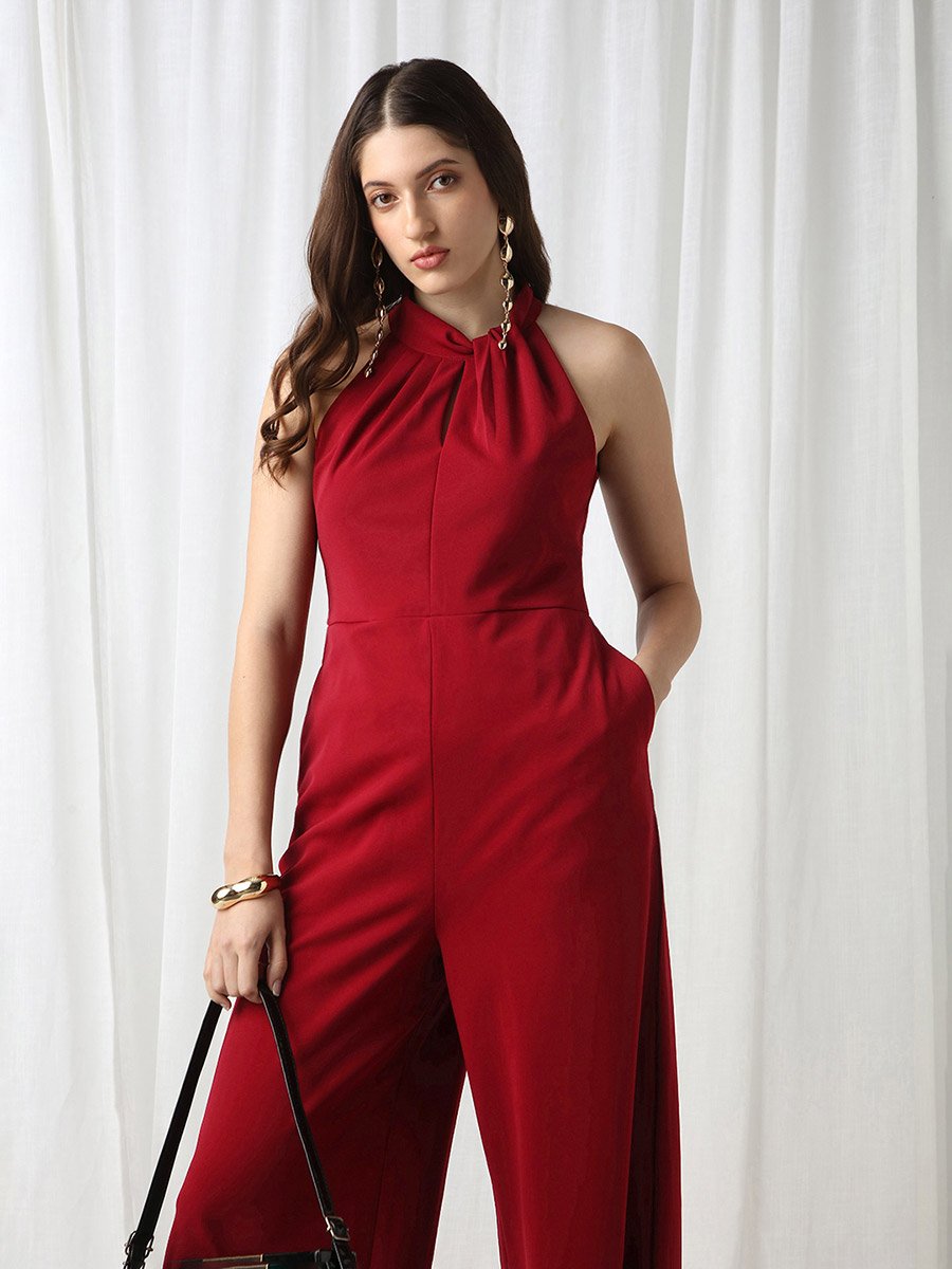 Maroon Plain Halter Neck Wide Leg Jumpsuit