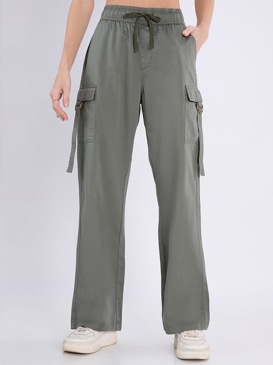 Olive Wide Leg Cargo Trousers with Drawstring Waist