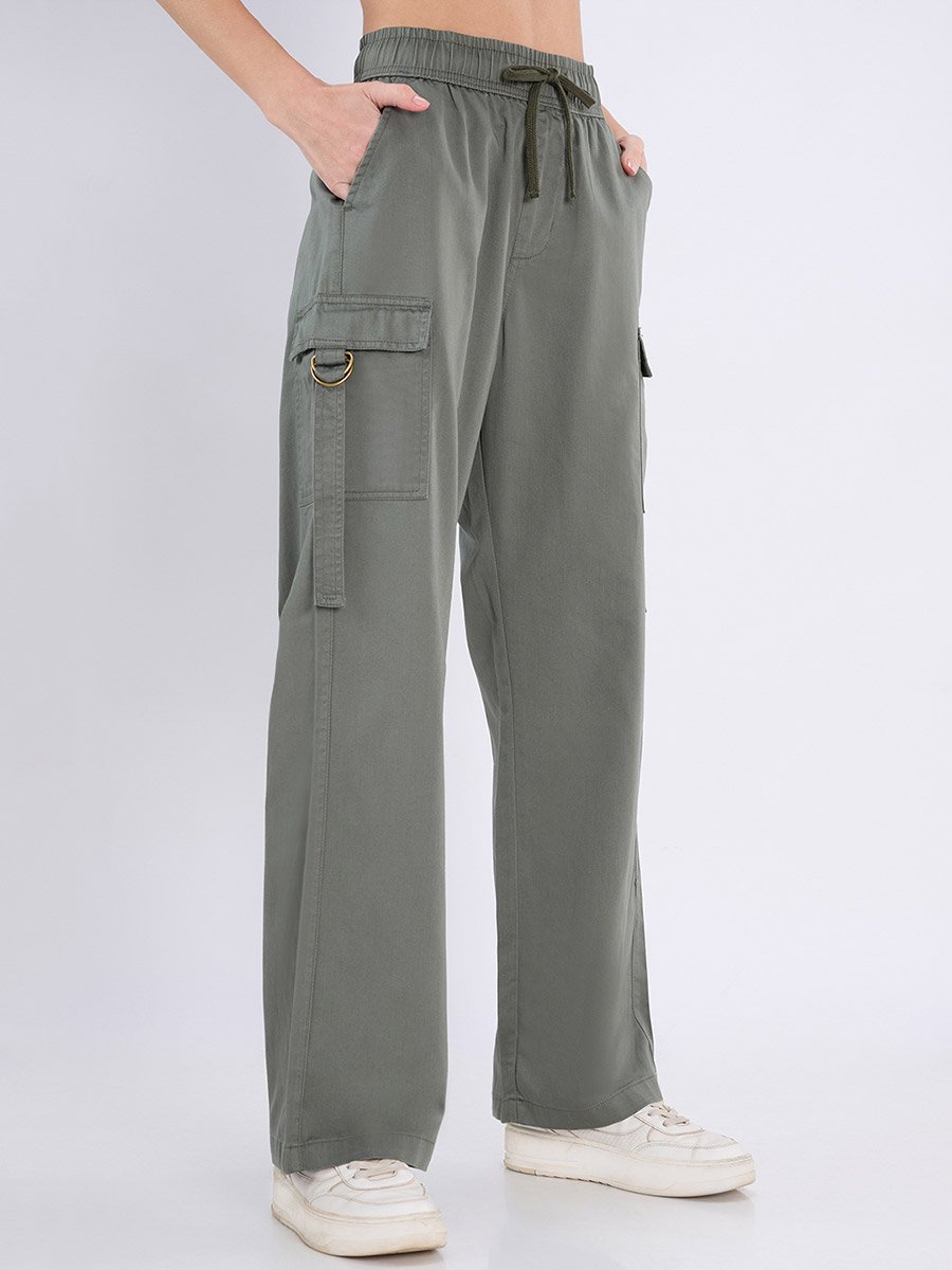Olive Wide Leg Cargo Trousers with Drawstring Waist