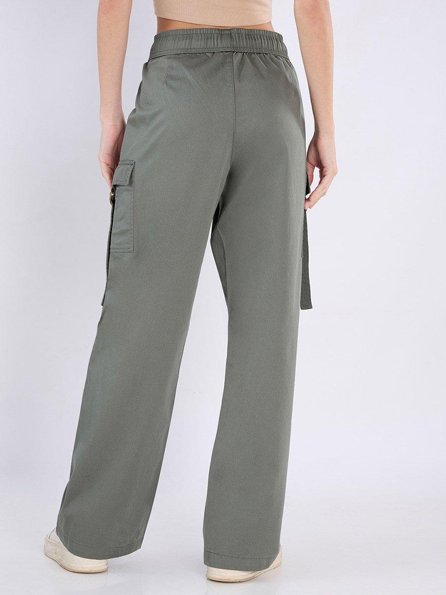Olive Wide Leg Cargo Trousers with Drawstring Waist