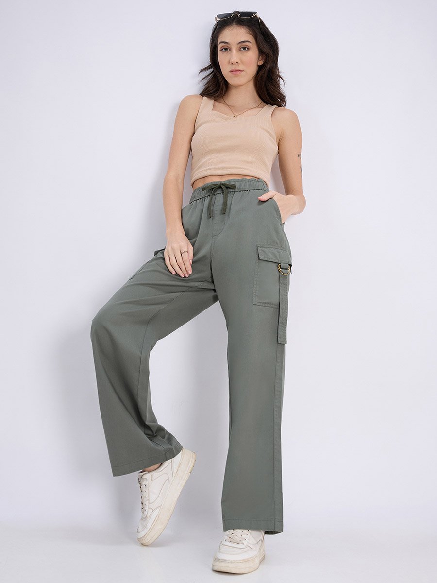 Olive Wide Leg Cargo Trousers with Drawstring Waist