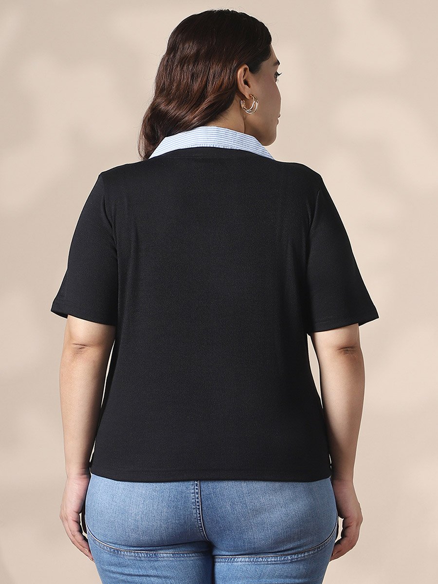 Plus Size Black Short Sleeve Ribbed V Neck Top