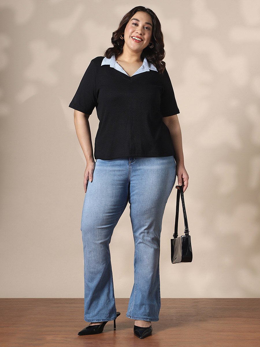 Plus Size Black Short Sleeve Ribbed V Neck Top