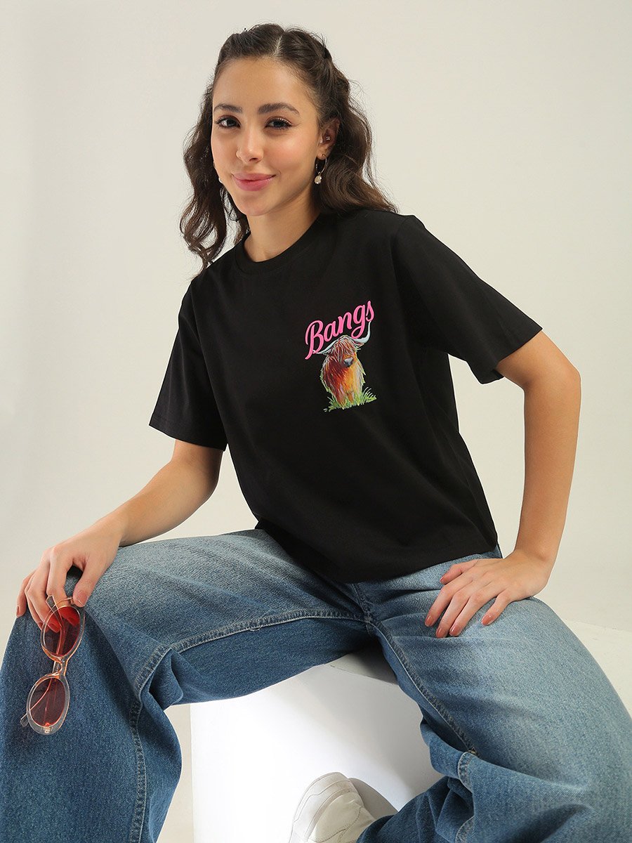 Black Bang Highland Cow Graphic Print Regular Fit T-Shirt