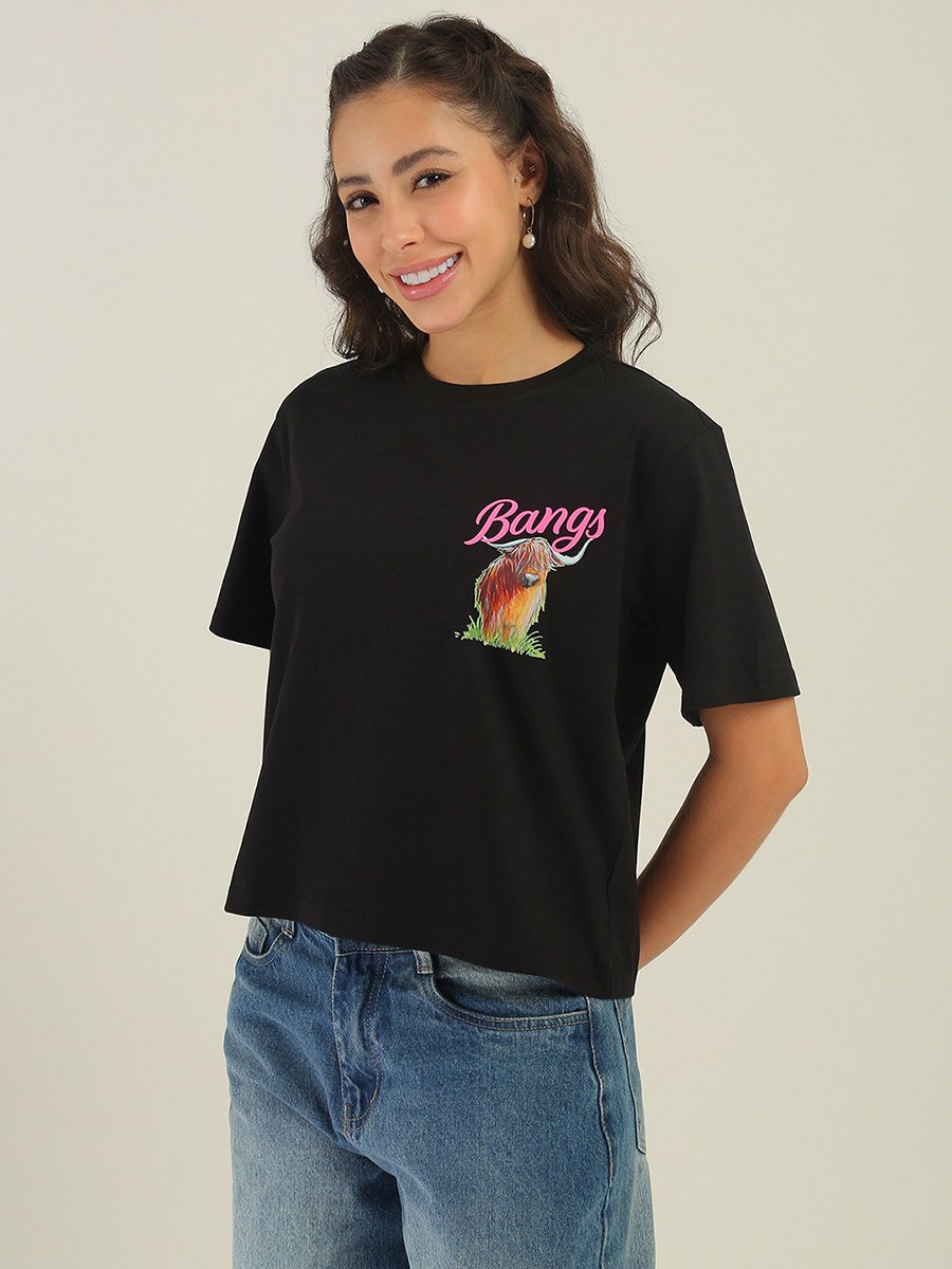 Black Bang Highland Cow Graphic Print Regular Fit T-Shirt
