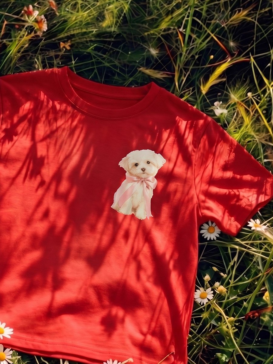 Red Printed Round Neck T-Shirt with Cute Puppy Graphic