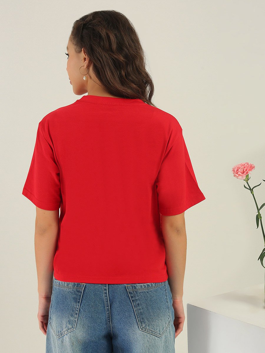 Red Printed Round Neck T-Shirt with Cute Puppy Graphic