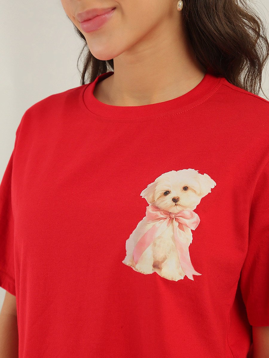 Red Printed Round Neck T-Shirt with Cute Puppy Graphic