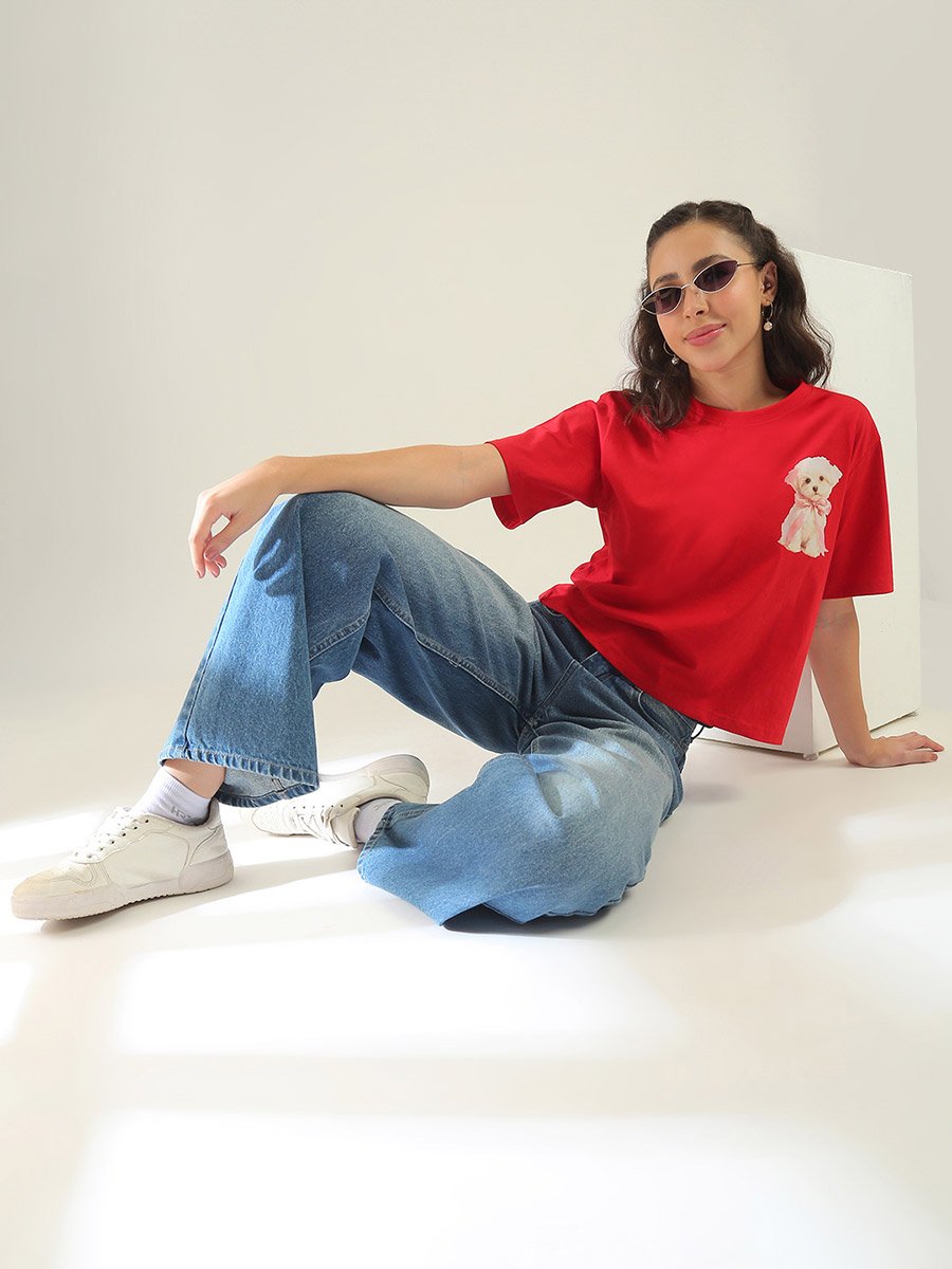 Red Printed Round Neck T-Shirt with Cute Puppy Graphic