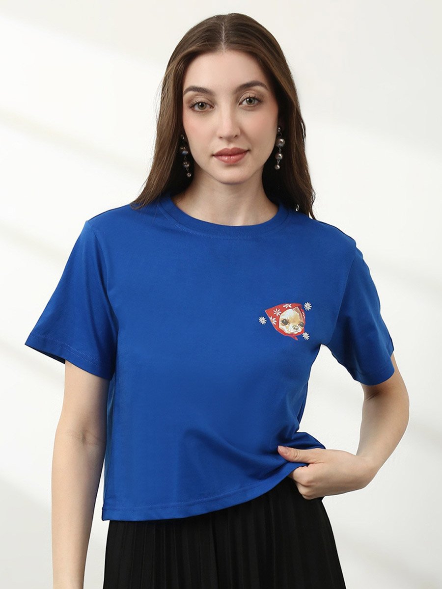Blue Round Neck Short Sleeve Crop T-Shirt with Unique Graphic Print