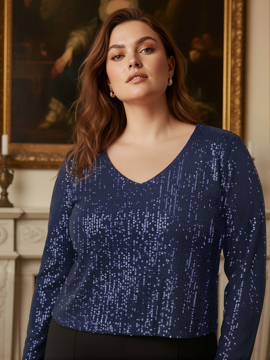 Plus Size Navy Blue Sequin V Neck Long Sleeve Top