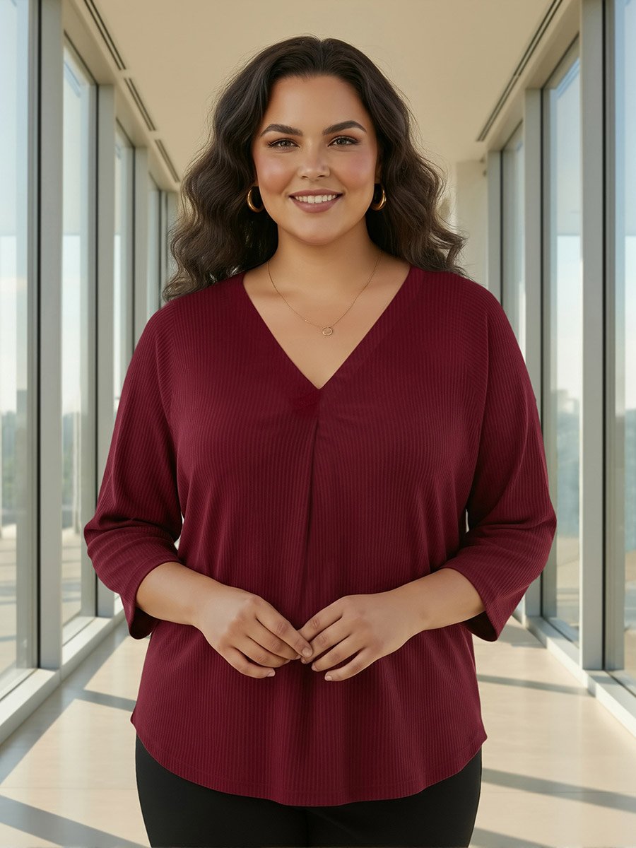 Plus Size Maroon V Neck Ribbed 3/4 Sleeve Top