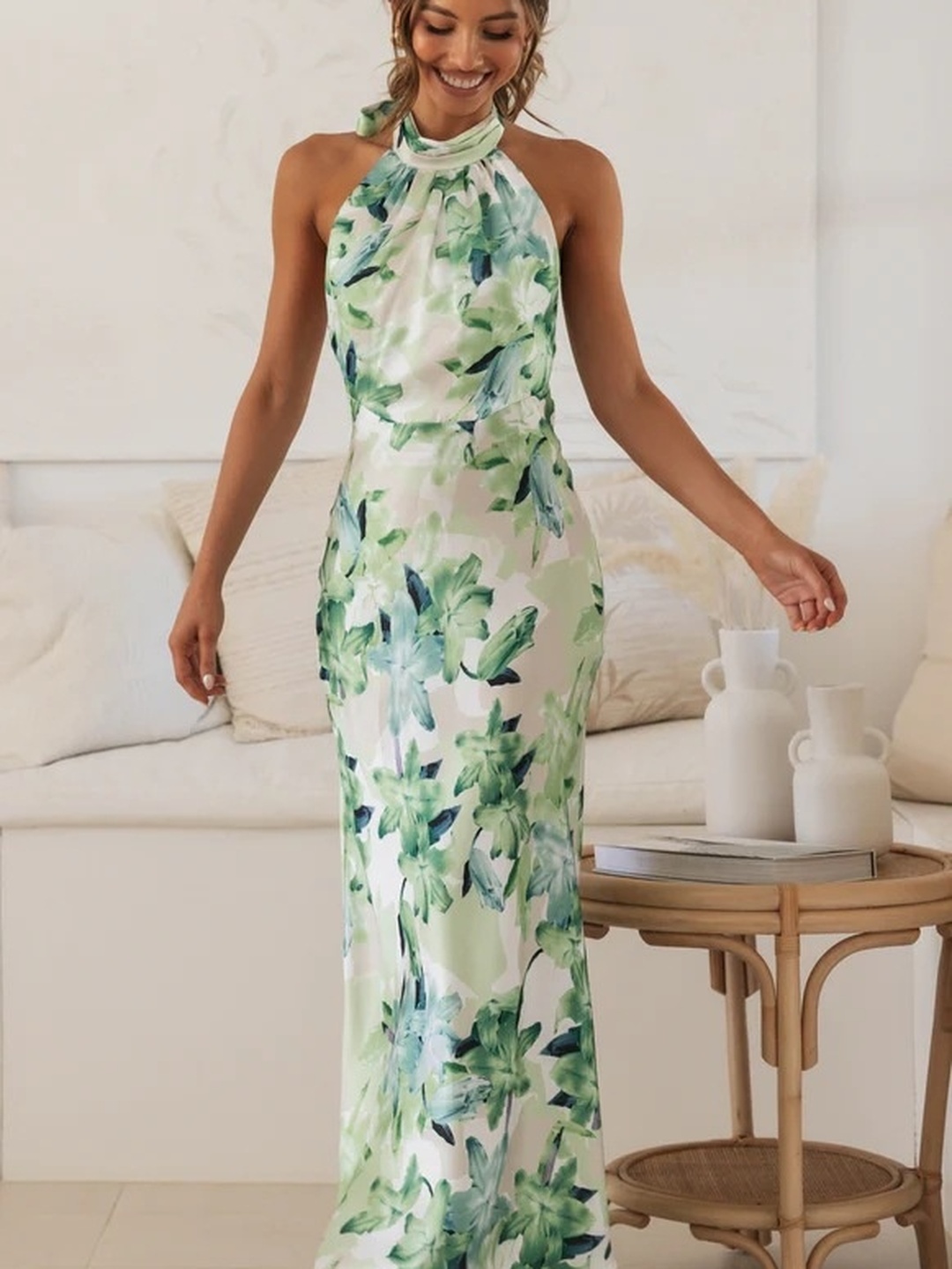 Green Floral Print Halter Neck Sheath Maxi Dress