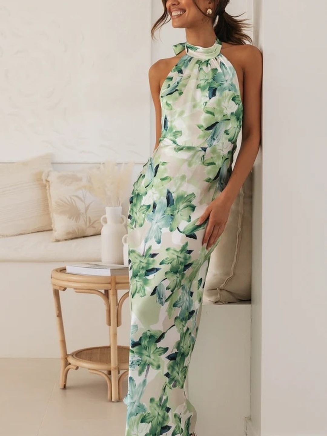 Green Floral Print Halter Neck Sheath Maxi Dress