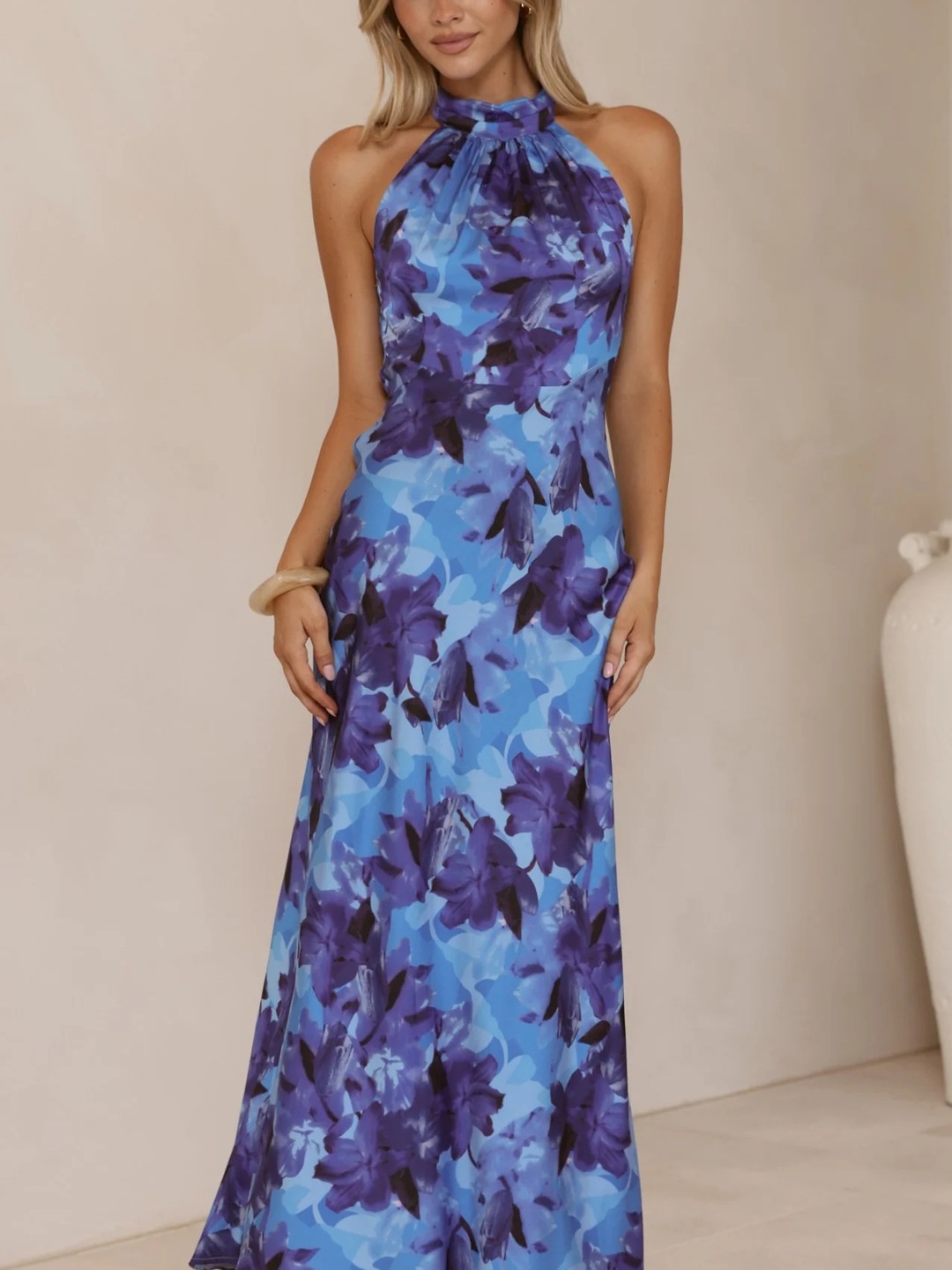 Blue Floral Print Halter Neck Sheath Maxi Dress