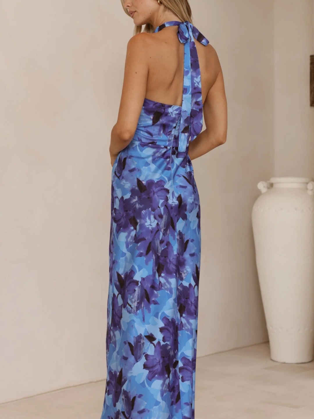 Blue Floral Print Halter Neck Sheath Maxi Dress