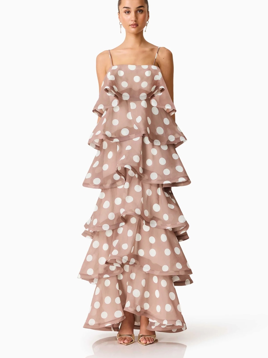 Tan Polka Dot Multi-Layer Maxi Dress