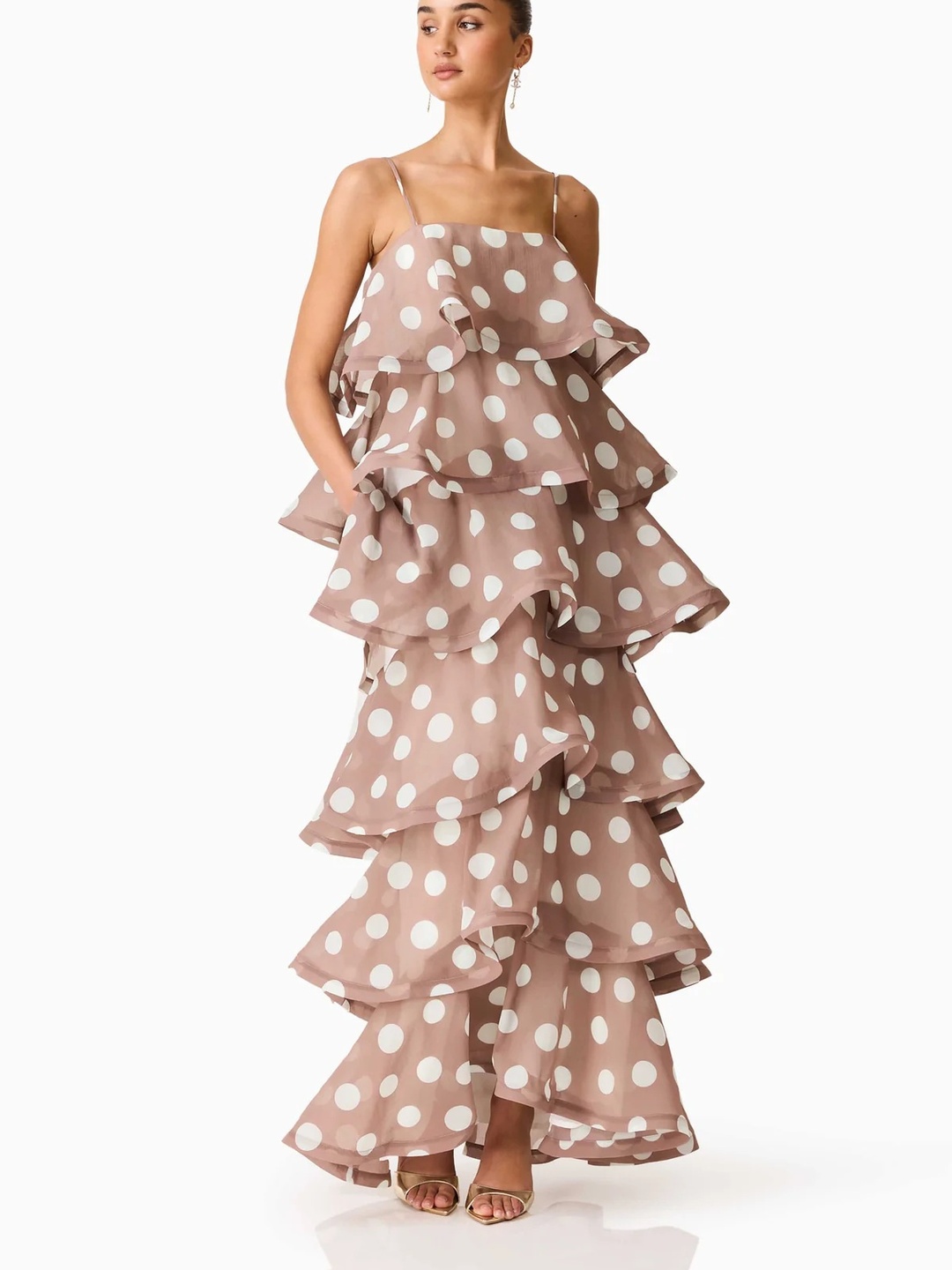 Tan Polka Dot Multi-Layer Maxi Dress