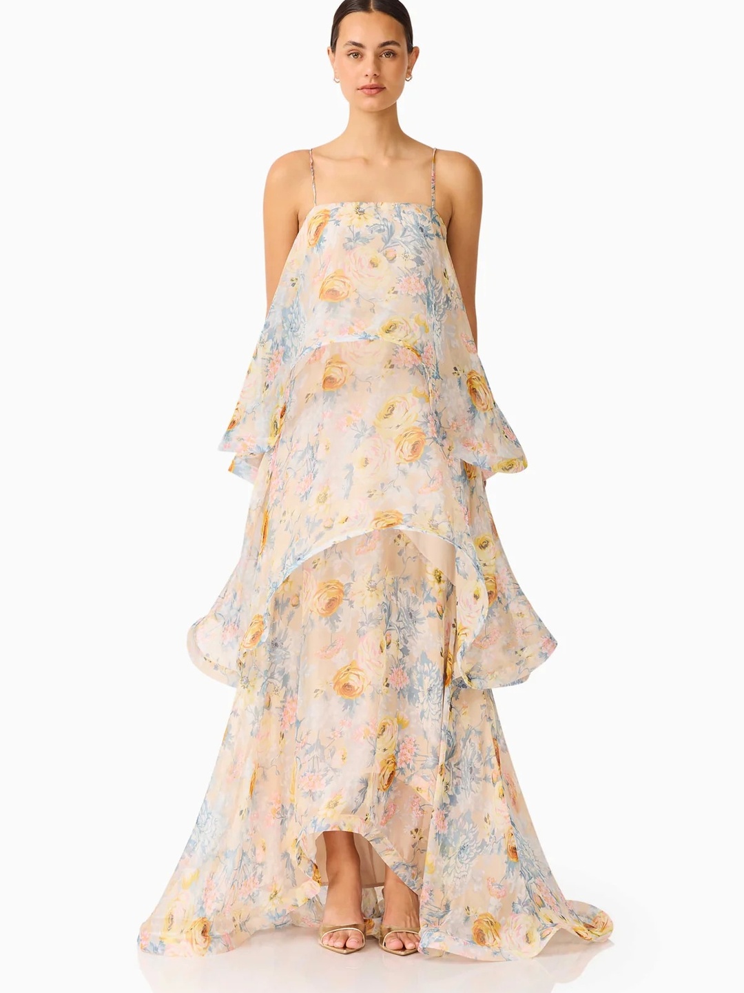 Yellow Floral Print Layered Maxi Dress