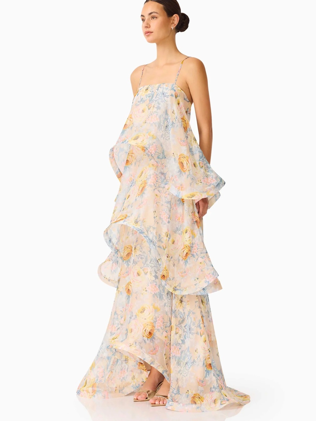 Yellow Floral Print Layered Maxi Dress