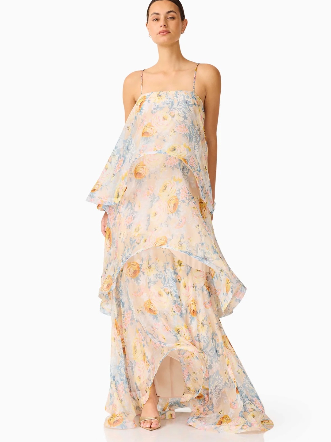 Yellow Floral Print Layered Maxi Dress