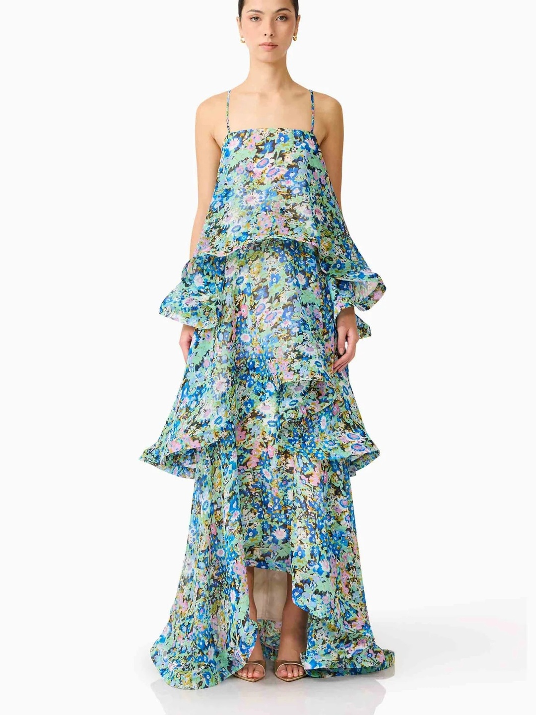Green Floral Multi-Layer Maxi Dress