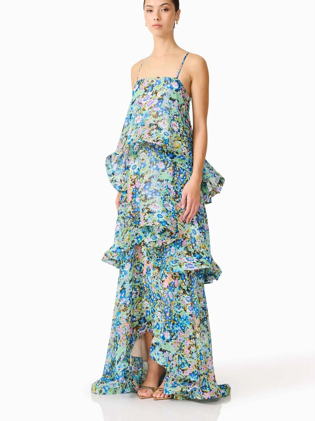 Green Floral Multi-Layer Maxi Dress